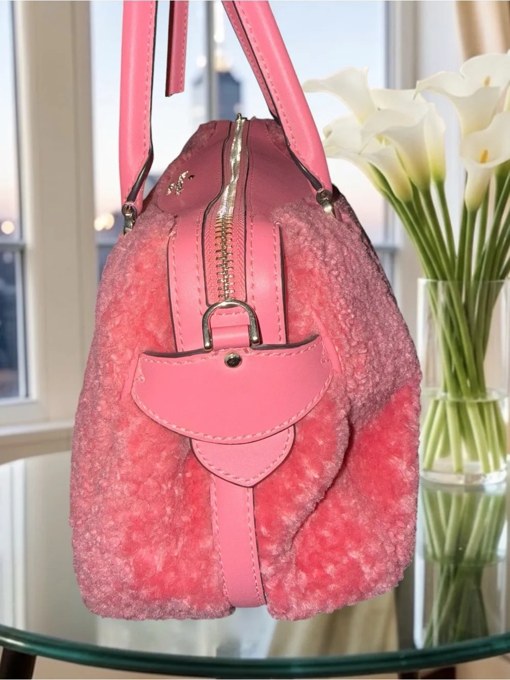 ❌Sold❌Kate Spade Mimi Faux Fur Satchel in the striking Pomegranate / Bright Blus